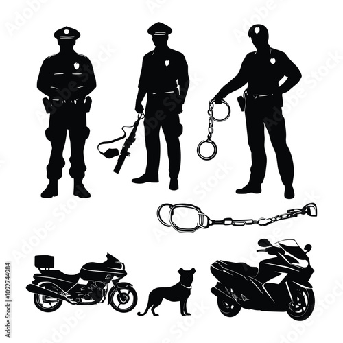 Silhouettes of Police Officers with Gear and Transportation