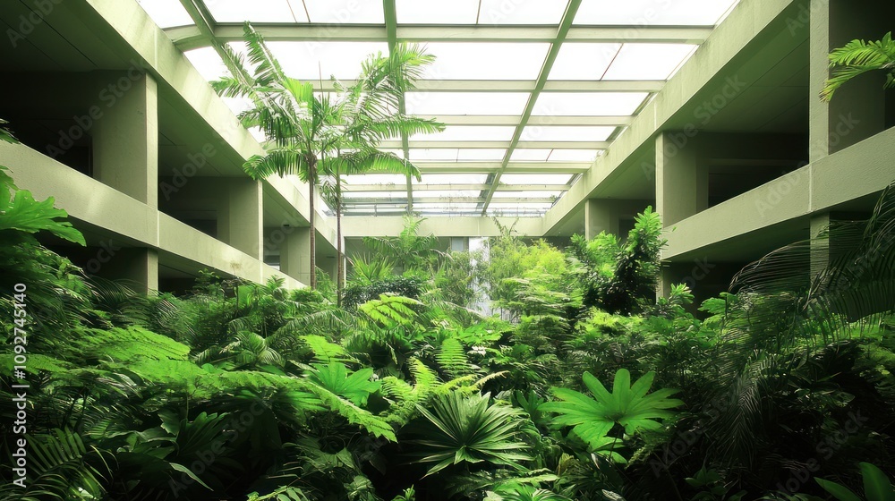 Lush indoor garden with abundant greenery and natural light filtering through a glass ceiling. Lush indoor garden with abundant greenery and natural light filtering through a glass ceiling.