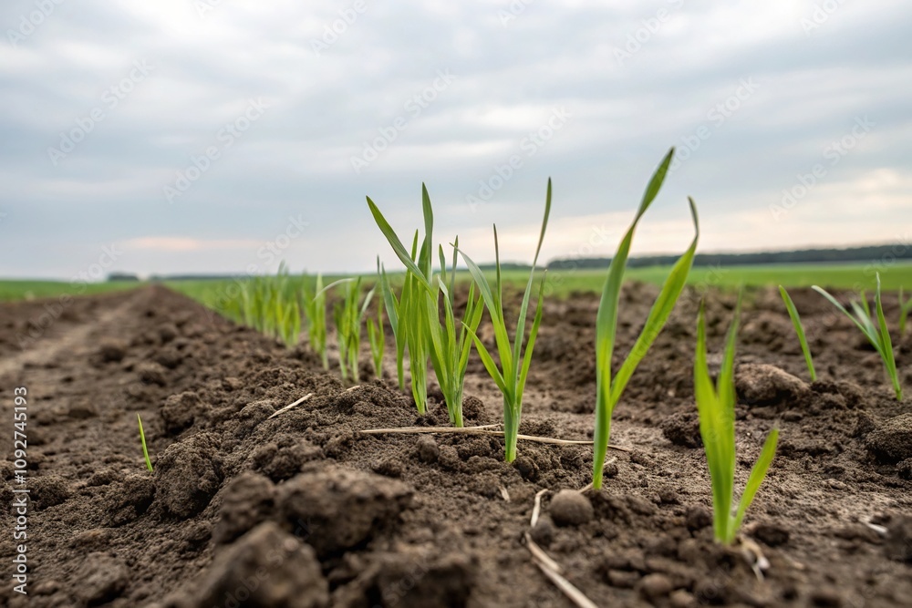 New grain sprouts emerging from the soil in a newly planted wheat field, seeds, wheat, plants, nature, farming New grain sprouts emerging from the soil in a newly planted wheat field, seeds, wheat, plants, nature, farming