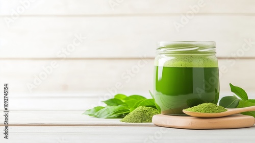 Fresh Matcha Green Tea in Glass Jar with Powder and Leaves on Wooden Table