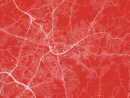 Christmas Map of Oldham, United Kingdom in Snowy White on Festive Red Background.