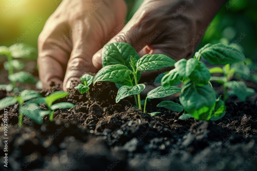 Close-up of a gardener's hands carefully replanting and fertilizing plants