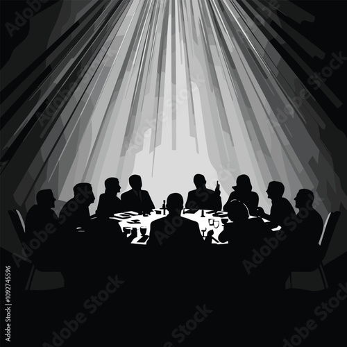 Silhouettes of People Sitting Around a Spotlight in a Dark Setting