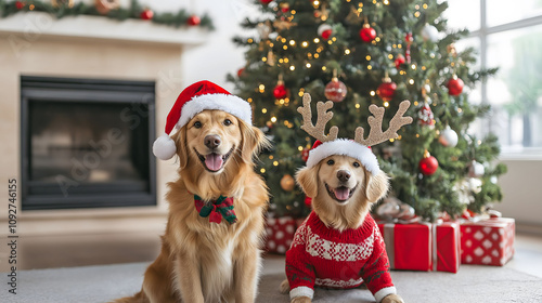 Golden retrievers in Christmas hat's