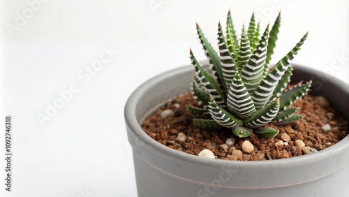 Striped small succulent on cactus in grey ceramic pot with offshoots, succulent plants, offshoots, grey ceramics, home decor photo