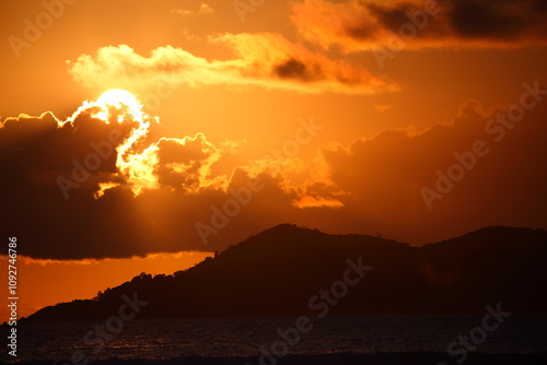 Sunset and sunset glow on the Seychelles Island in Africa