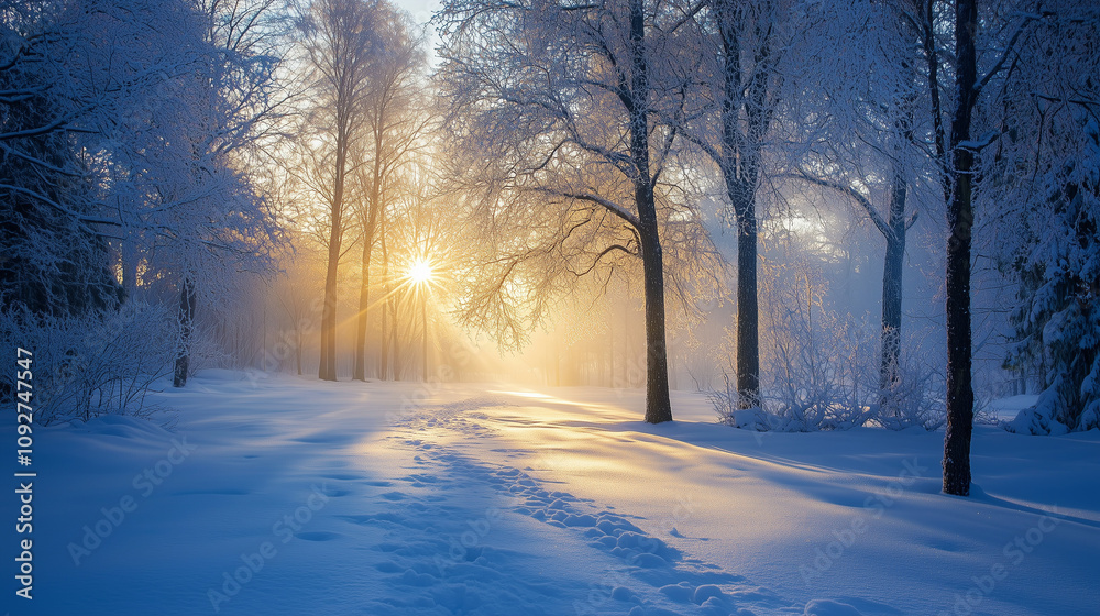 serene winter forest with sun rays breaking through frosty trees and snowy path at sunrise serene winter forest with sun rays breaking through frosty trees and snowy path at sunrise