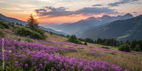 Peaceful sunset over a valley filled with purple flowers and surrounded by towering mountains, , country side, mountain