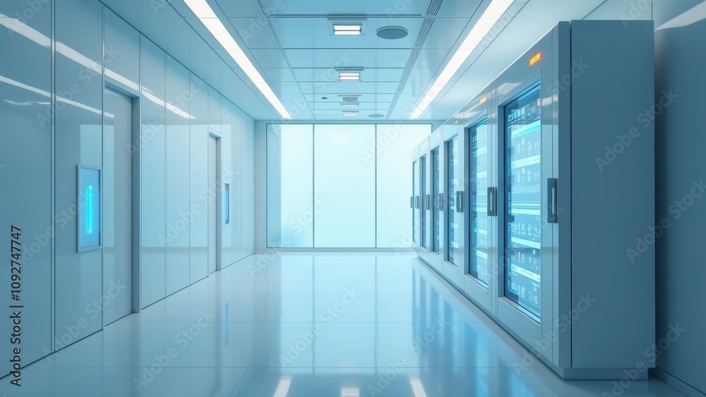 Fototapeta premium Brightly lit futuristic medical data vault with sleek design and advanced storage solutions