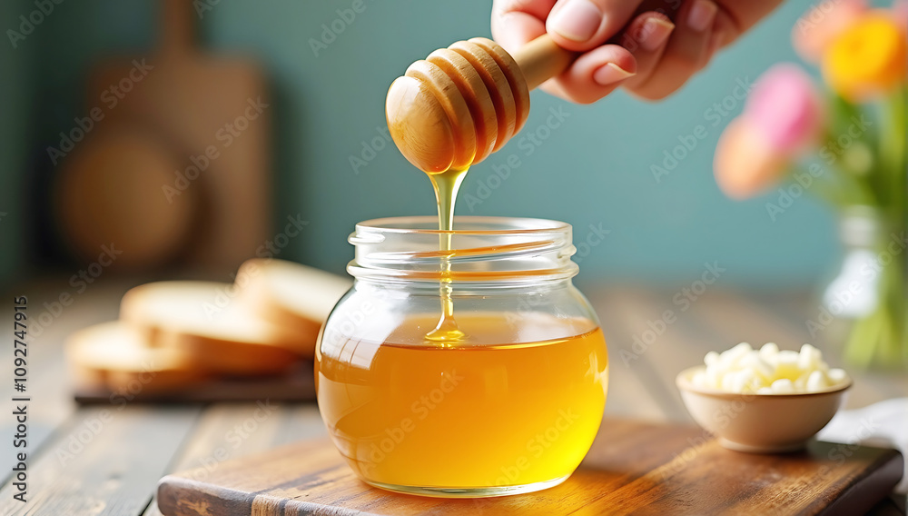 A close-up of a hand holding a wooden honey dipper, dripping golden honey into a glass jar on a rustic kitchen counter, with fresh bread and flowers blurred in the background. A close-up of a hand holding a wooden honey dipper, dripping golden honey into a glass jar on a rustic kitchen counter, with fresh bread and flowers blurred in the background.