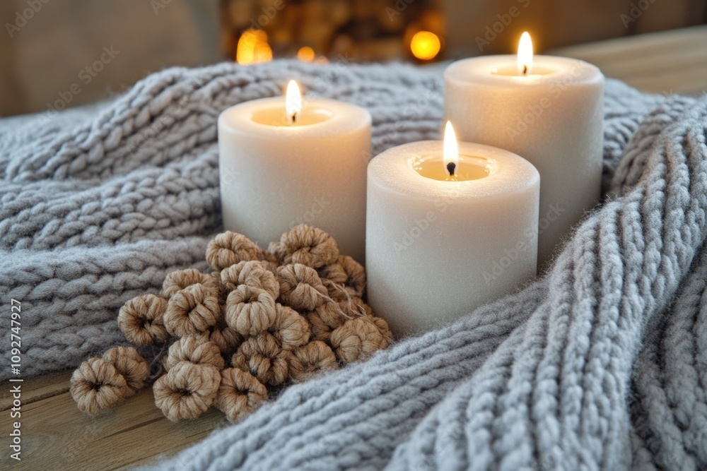 A warm and cosy home decor setting with candles, knitted elements, and a festive garland A warm and cosy home decor setting with candles, knitted elements, and a festive garland