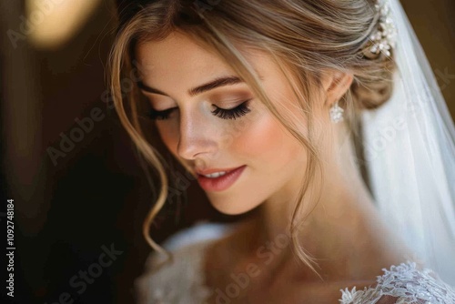 Beautiful Bride Portrait Elegant Wedding Dress Bridal Veil Makeup and Hairstyle