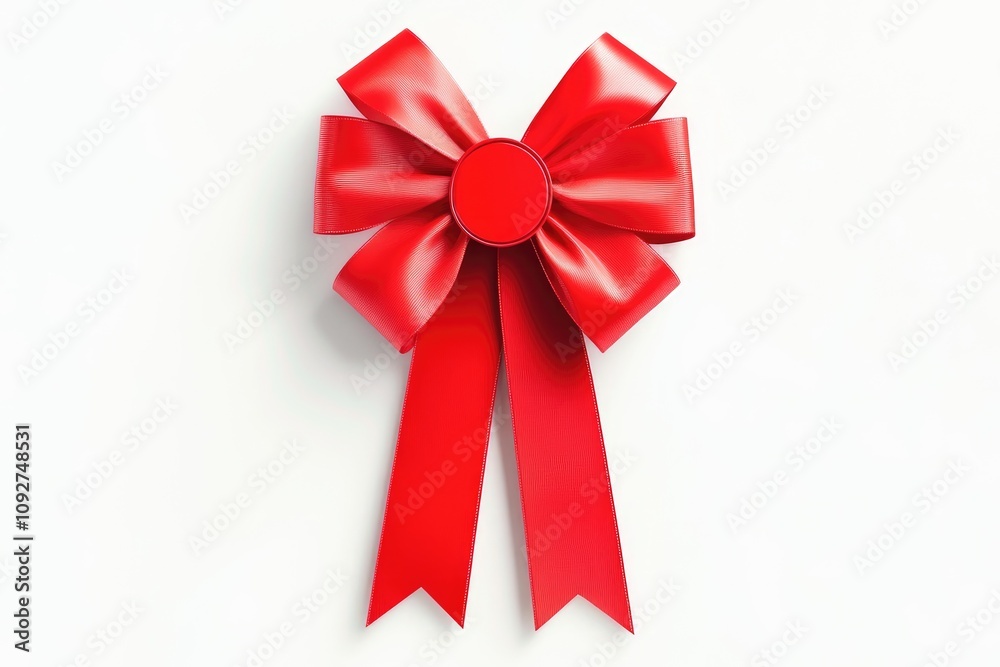 Red ribbon bow with a central circular seal Red ribbon bow with a central circular seal