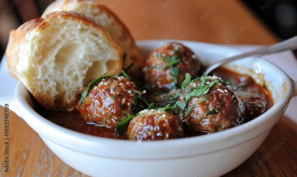 A bowl of meatballs in sauce with bread on the side. A bowl of meatballs in sauce with bread on the side.