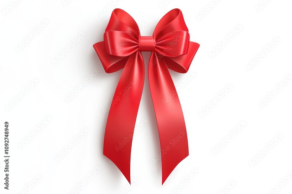 A single red satin ribbon bow on white background A single red satin ribbon bow on white background