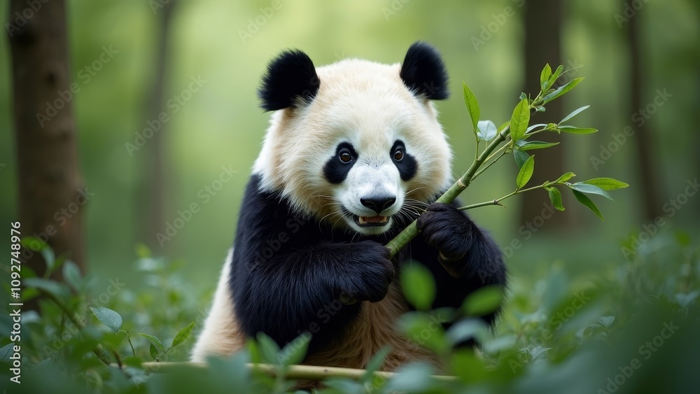 Delightful panda nibbling on bamboo surrounded by vibrant greenery in a peaceful forest environment Delightful panda nibbling on bamboo surrounded by vibrant greenery in a peaceful forest environment