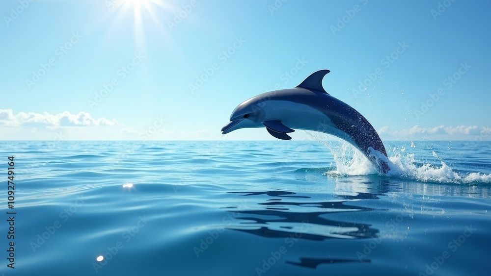 Fototapeta premium Solitary dolphin gracefully leaping from the ocean with bright sunlight above