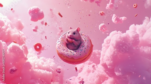 A hamster is flying in a donut in the sky. 