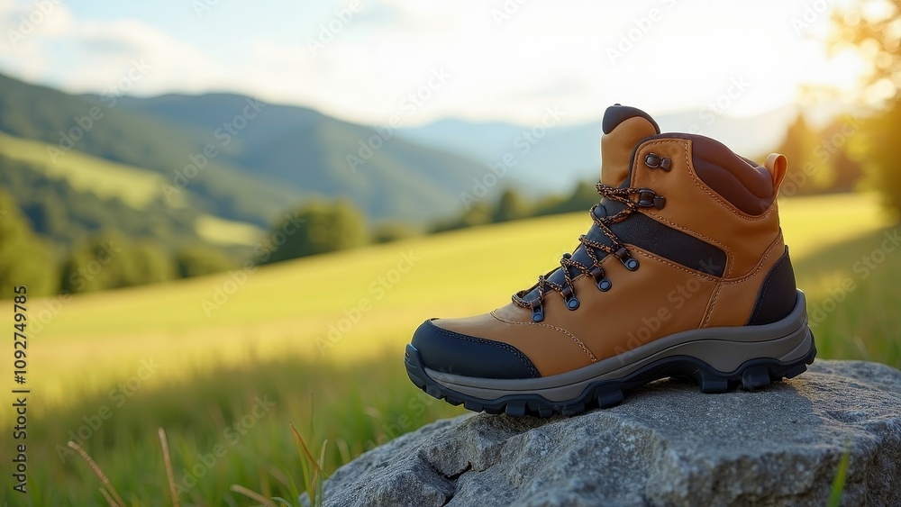 Lone hiking boot resting on a rock in a serene meadow, perfect for outdoor adventures Lone hiking boot resting on a rock in a serene meadow, perfect for outdoor adventures