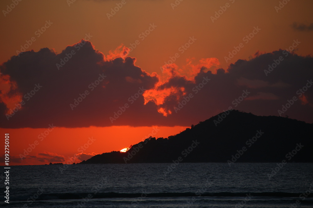 Sunset and sunset glow on the Seychelles Island in Africa