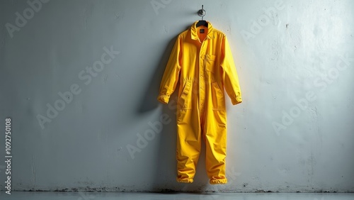 Bright yellow hazmat suit hanging on a hook against an industrial backdrop, ready for use
