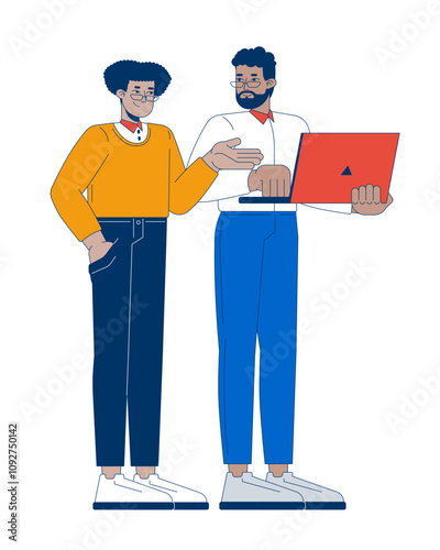 Office worker giving advice to coworker cartoon flat illustration. Hispanic man employee sharing feedback with black male colleague 2D characters isolated on white background. Vector colorful image