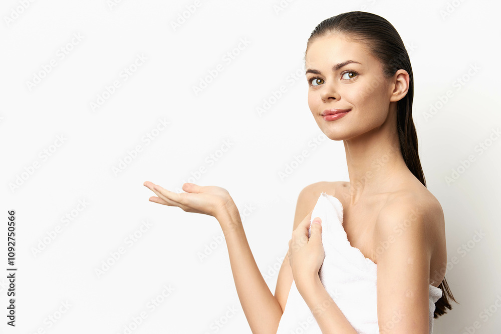 Attractive young woman with a towel, smiling and presenting something on her palm, against a plain white background Ideal for beauty and skincare concepts Attractive young woman with a towel, smiling and presenting something on her palm, against a plain white background Ideal for beauty and skincare concepts