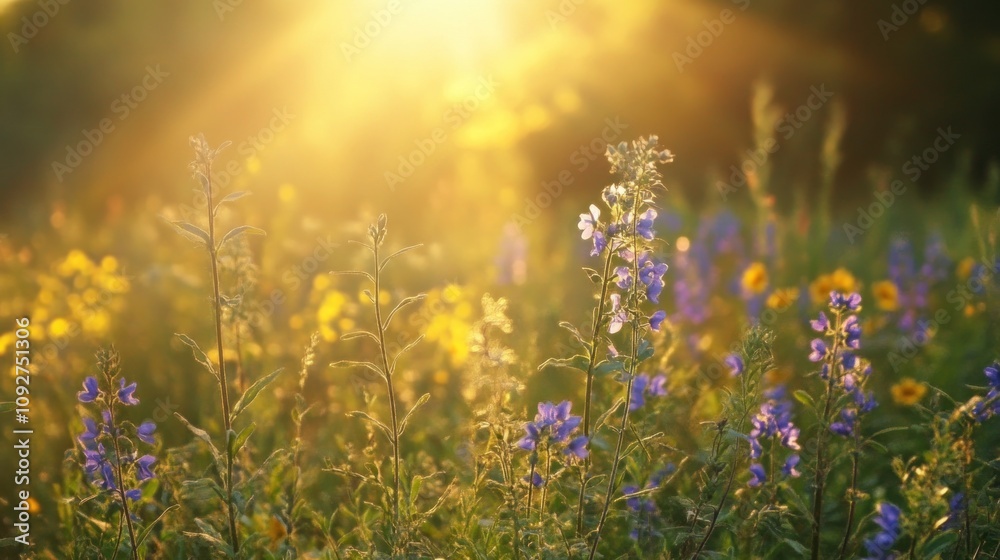 Obraz premium Wildflowers in a sunny meadow with warm sunlight.