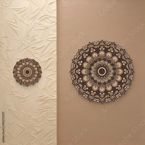 This image features a beige and brown background with an intricate maroonish mandala design and floral motifs, ideal for wedding invitations, greeting cards, or decorative stationery. photo