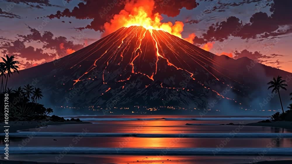 Video footage of volcano erupts with glowing lava flows and a fiery plume, set against a dramatic sky and reflected in a calm body of water