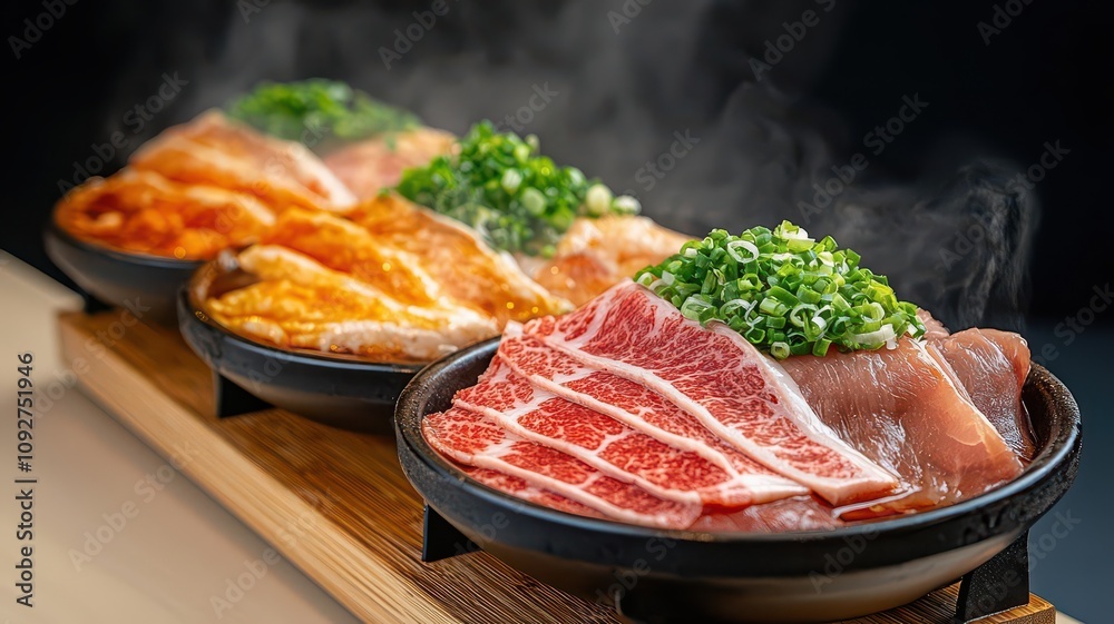 An upscale serving of hot pot ingredients, beautifully arranged on individual fine plates for a luxurious presentation, 3D render An upscale serving of hot pot ingredients, beautifully arranged on individual fine plates for a luxurious presentation, 3D render
