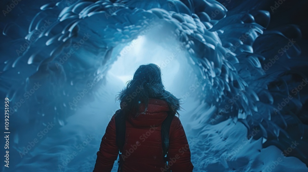 Woman in Red Jacket Exploring a Glacial Cave Woman in Red Jacket Exploring a Glacial Cave