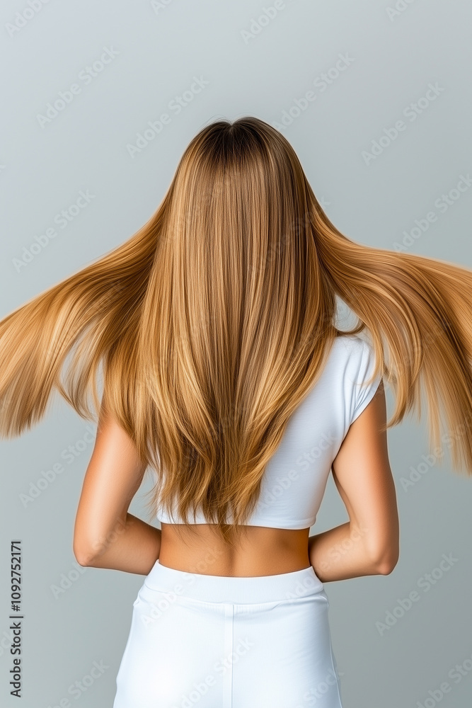 Naklejka premium A woman with long brown hair is standing in front of a white background