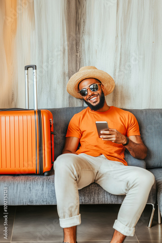 A man in an orange shirt is sitting on a couch with a suitcase next to him