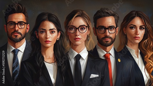 An elegant depiction of five professionals in coordinated outfits, representing unity, professionalism, and shared vision, perfect for business and corporate themes.