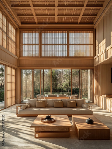 Sunlight streams through large windows into a serene, minimalist living room featuring a low-slung wooden couch and coffee tables, creating a peaceful atmosphere