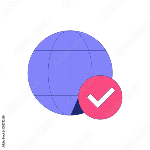 Globe With Checkmark Icon In Flat Vector Illustration Symbolizing Global Connectivity, Network Security, And Digital Verification, Isolated On White Background.