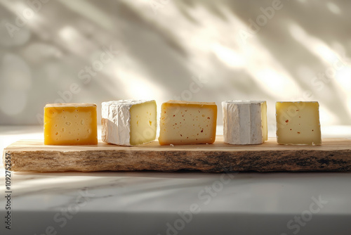 A wooden cutting board with four different types of cheese on it photo