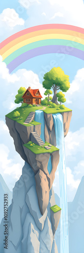 A floating island with a tiny house, waterfall, and rainbow illustration. Generative AI photo