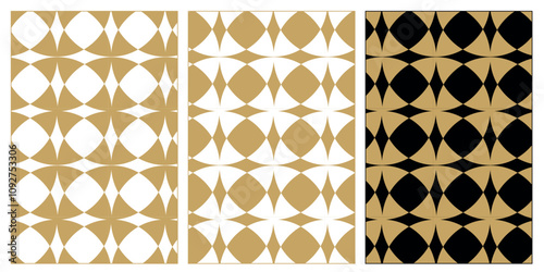 Set of patterns with crosses, stripes, lines. Seamless vector background. White, gold and black ornament. Modern reticulated graphic design.