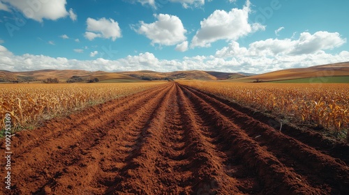 Expansive Agricultural Landscape with Rich Brown Soil and Lush Green Fields Under a Bright Blue Sky with Fluffy White Clouds in the Background