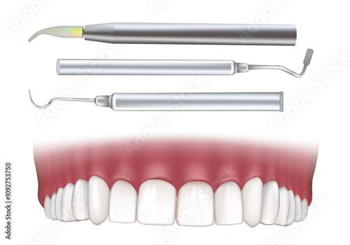 Dental instruments and Laser dentistry . Realistic illustration Render of upper teeth. Dental anatomy.