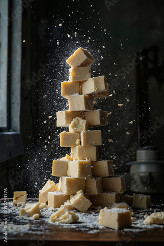 A stack of cubes of cheese sitting on top of a wooden table photo