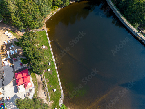 Dam on a mountain river, view from above, Karpacz, Poland. photo