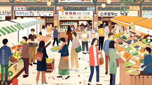An illustration of a bustling street market with vendors and shoppers.