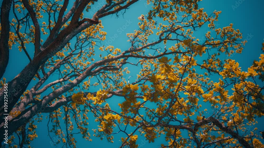 Oak tree with golden leaves against the teal sky background in fall. Slow motion. Oak tree with golden leaves against the teal sky background in fall. Slow motion.