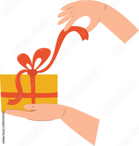 Hands wrapping a holiday present. Birthday gift box packaging. Preparation for Christmas or New Year celebration. Flat isolated vector illustration.