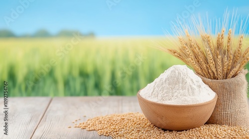 Bowl of Wheat Flour and Grains on Rustic Table in Sunny Field Background