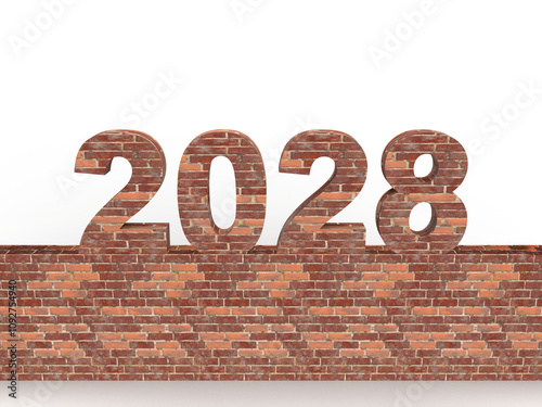 Brick New Year 2028 set on a stone wall in front. Post idea for a construction company. 3d rendering