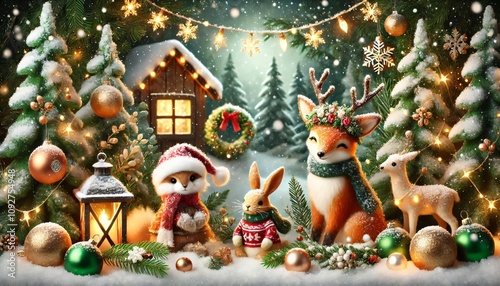 Christmas animals celebrating in a snowy forest with ornaments and lights